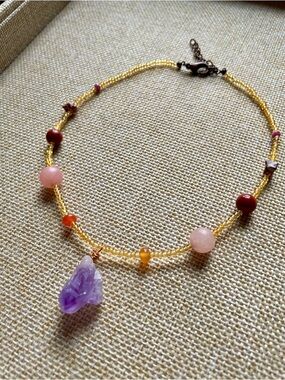 Gold Beaded Necklace with Pink and Purple Gem Pendant